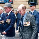 Anzac Day Brisbane 2000 (photo courtesy Craig Smith)<br />
L. to R. front.Joe Brown, DFM, Col Wheatley, Harry (Cherry) Carter, DFC., with camera, Linda Van Uitregt, (daughter of Laurie Woods) behind and to her left, Don Cummings.
