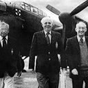 Bill Moffatt (right) with Bert Newton (left) and Arthur Whitmarsh after they had flow into Binbrook again in a Lancaster for the 460 Squadron reunion in 1982.