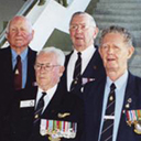 Bundamba College, Queensland, Anzac Day celebration service, 2001. L to R. Jim Petersen, DFM., Bob Jackson, George Williams, Mick McGrory, DFM., Joe Brown, DFM., Don Cumming, Laurie Woods DFC., (Guest Speaker)