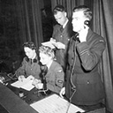 Flying control staff at work. L–R Betty Gardiner, Pat Hinton, Harry Oates (on phone) Fl/Lt Bernard Jones